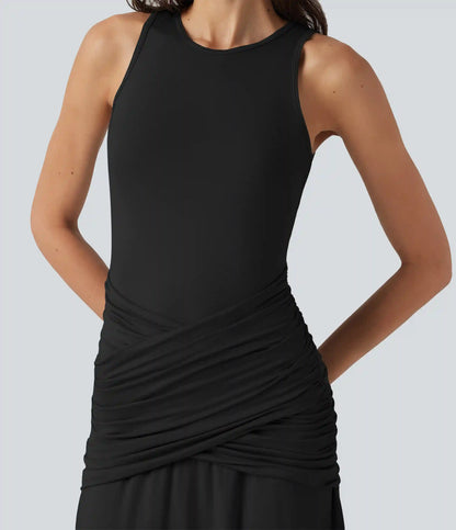 Round Neck Sleeveless Ruched Crossover Waist Maxi Casual Flowy Dress
