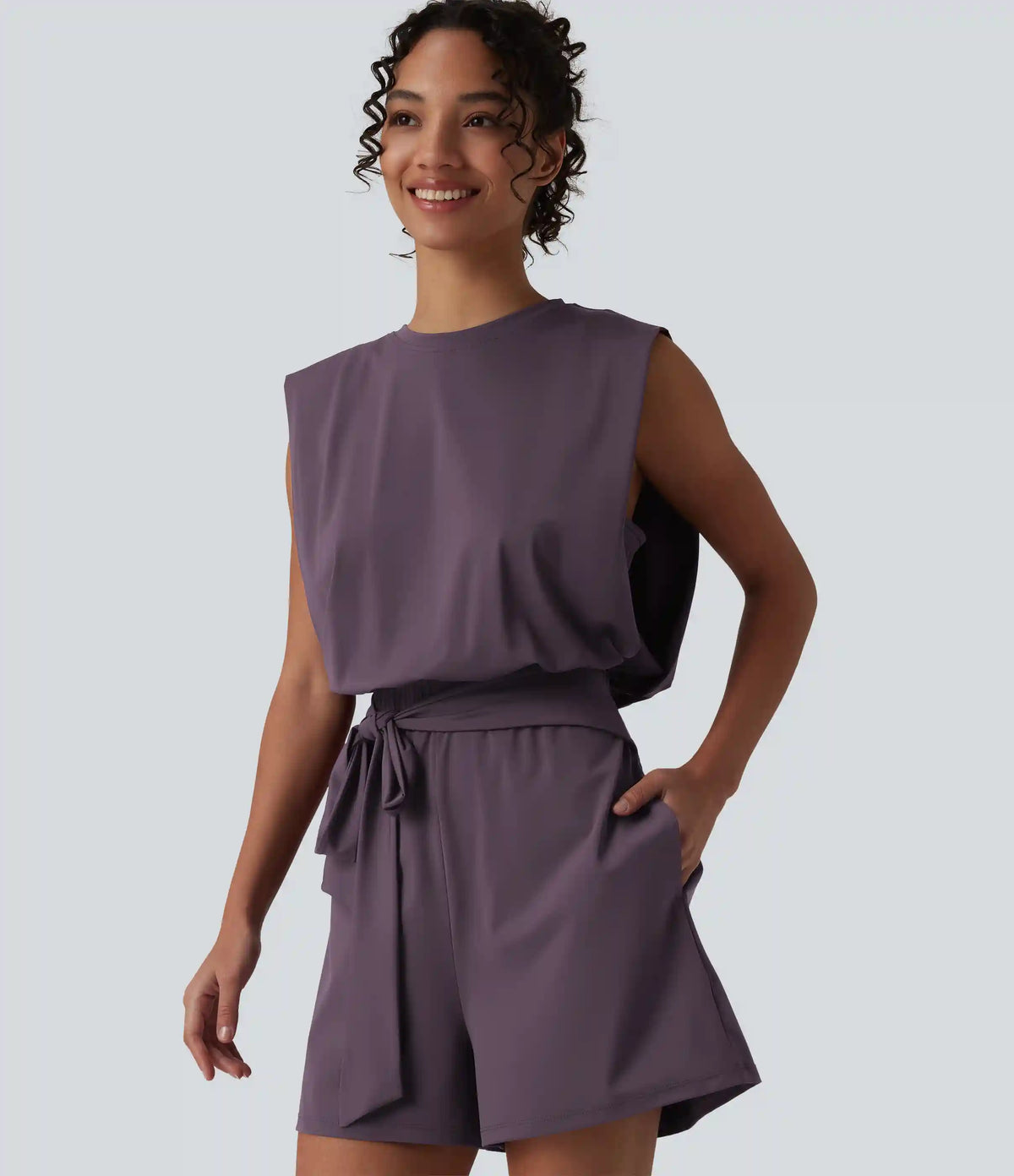 Round Neck Sleeveless Tie-front Cool Touch Casual Romper with Pockets-Easy Peezy-UPF50+