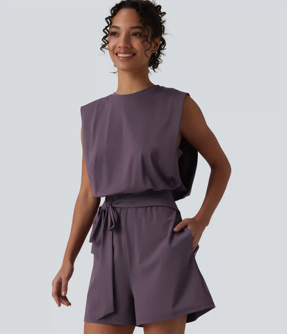 Round Neck Sleeveless Tie-front Cool Touch Casual Romper with Pockets-Easy Peezy-UPF50+