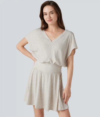 Ribbed Knit V-neck Short Sleeve 2-in-1 Mini Casual Linen-Blend Flowy Dress