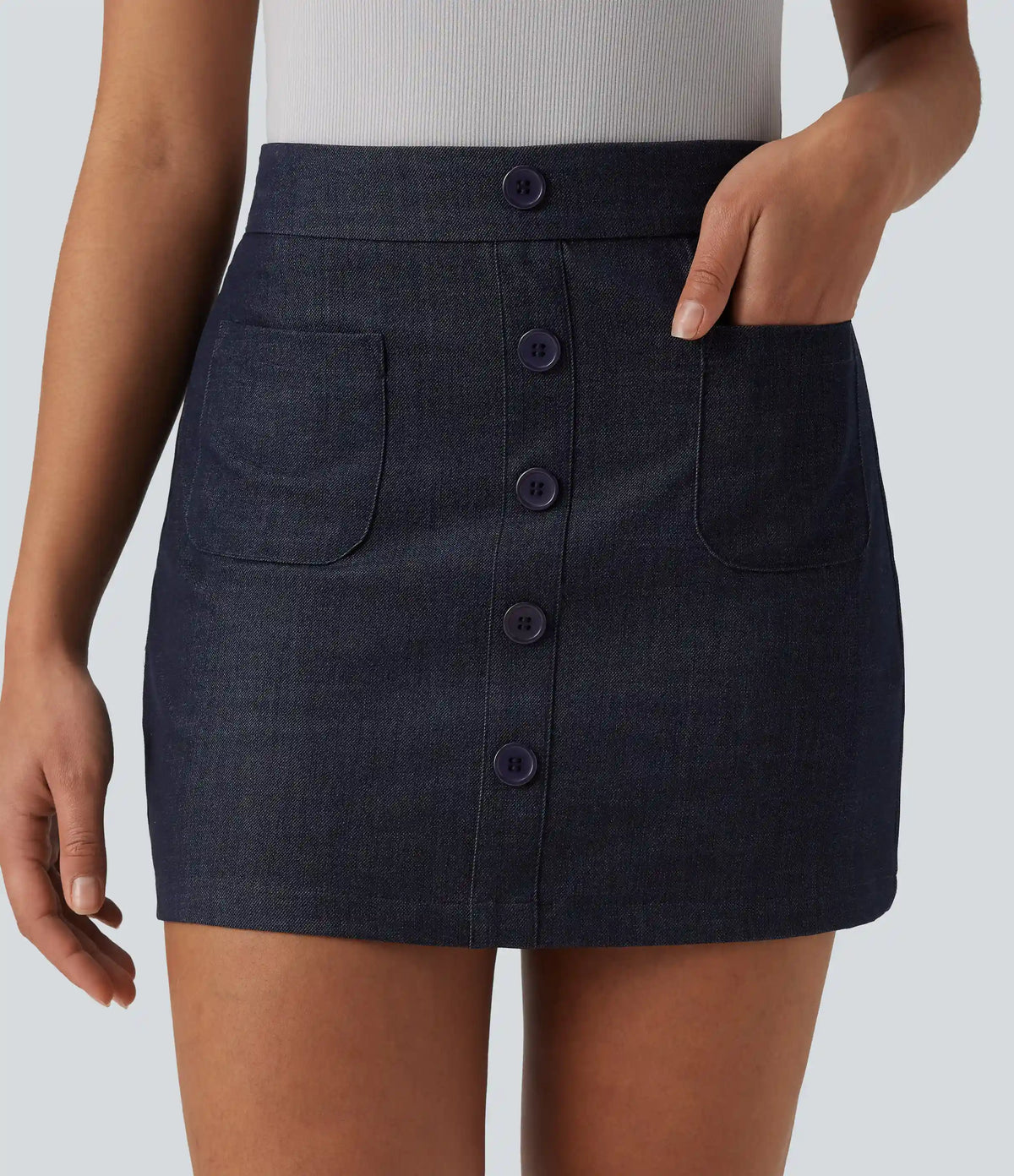 High Waisted Invisible Zipper 2-in-1 Denim Like Bodycon Mini Casual Skirt with Pockets