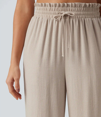 High Waisted Drawstring Casual Linen-Feel Pants with Pockets