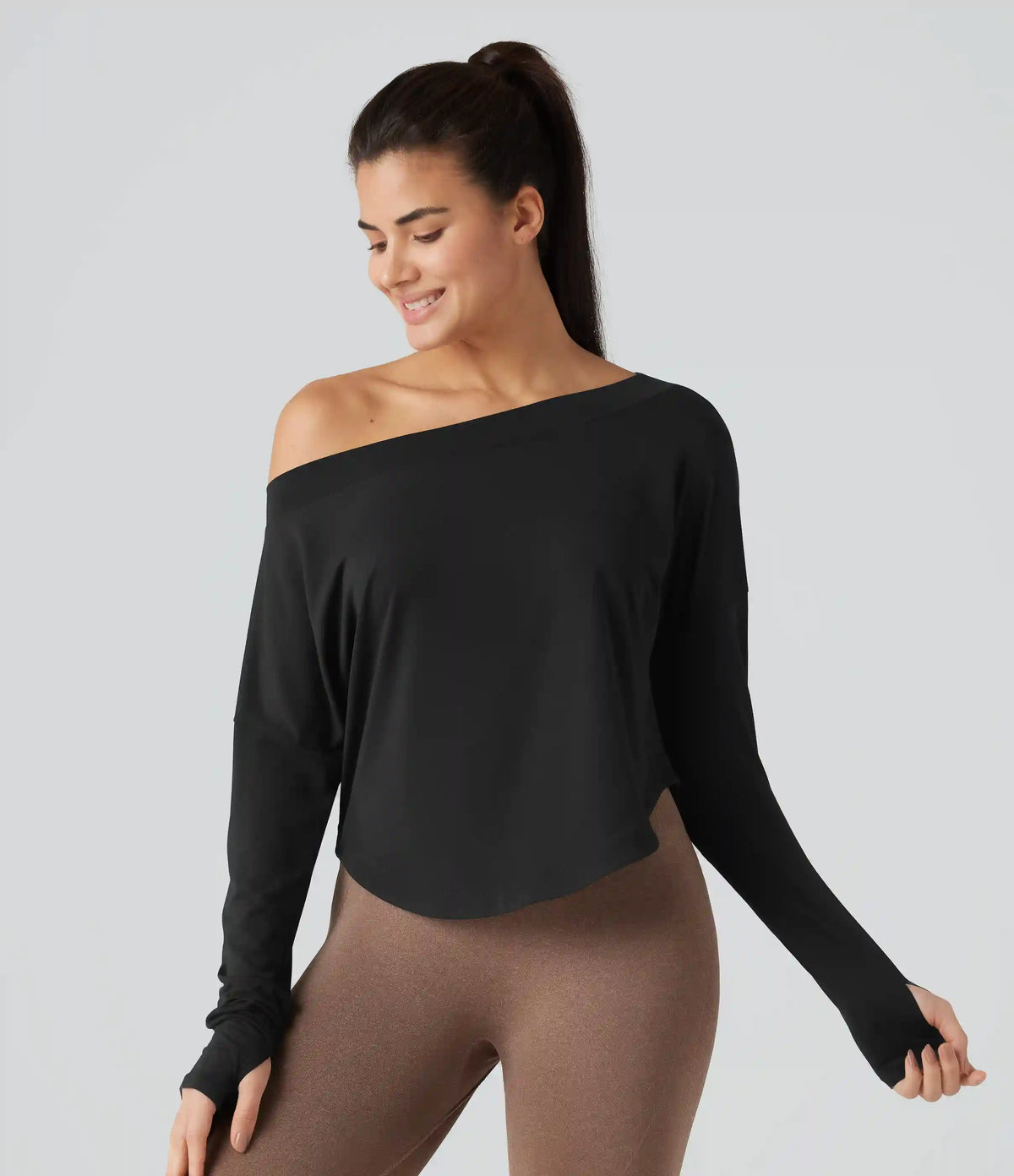 One Shoulder Long Sleeve Thumb Hole Curved Hem High Low Quick Dry Yoga Sports Top