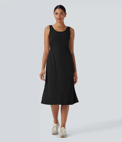 U Neck Zipper Split Knee Length Hiking Active Dress