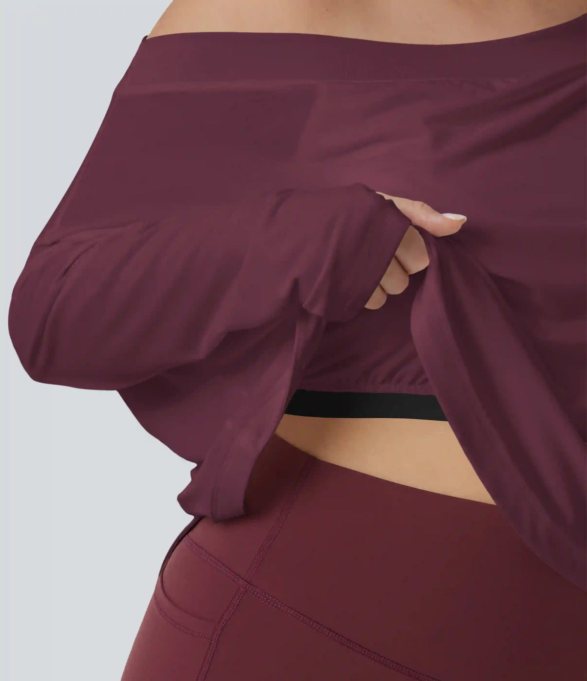 One Shoulder Long Sleeve Thumb Hole Curved Hem High Low Quick Dry Yoga Plus Size Sports Top-Built-in Bra
