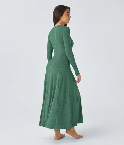 Henley Long Sleeve Flare Maxi Casual Dress