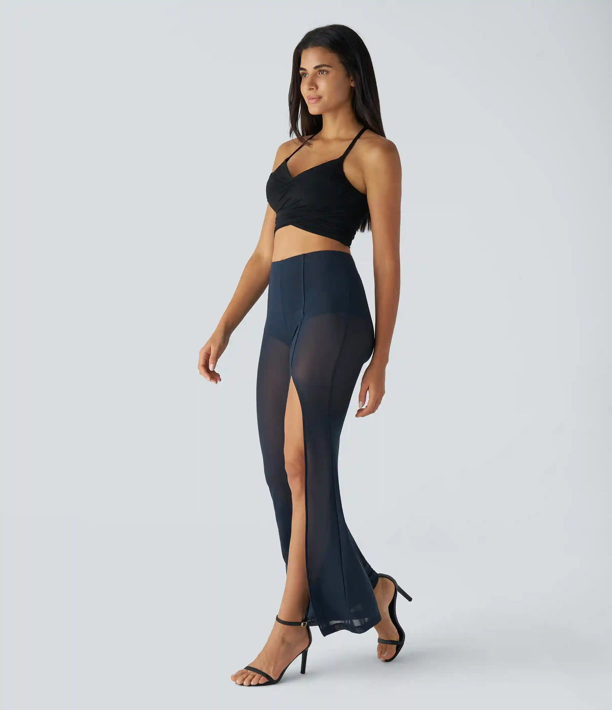 High Waisted 2-in-1 High Mesh Flare Casual Pants