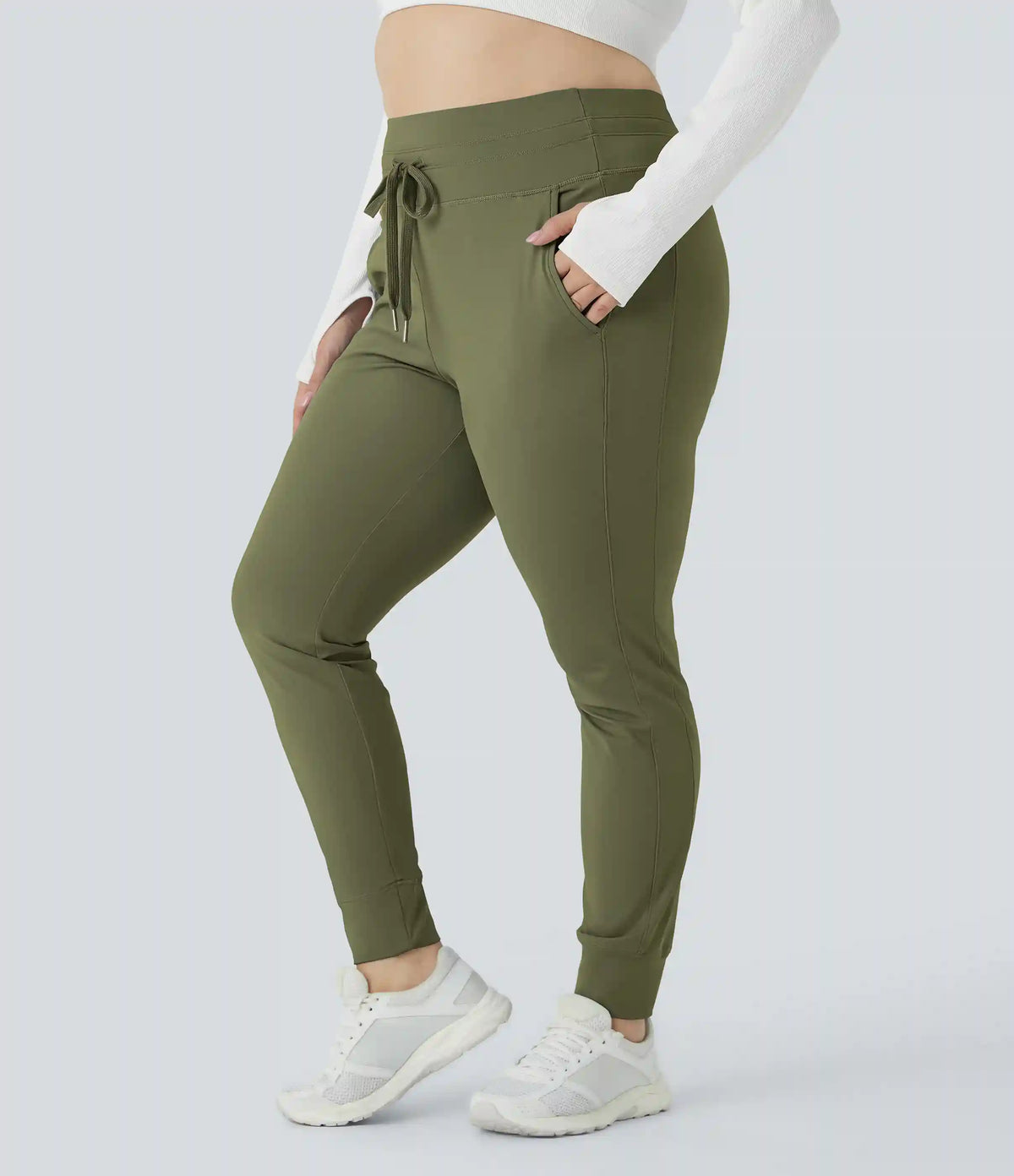 SoftlyZero™ Plush High Waisted Drawstring Pocket Plain Full Length Plus Size Joggers