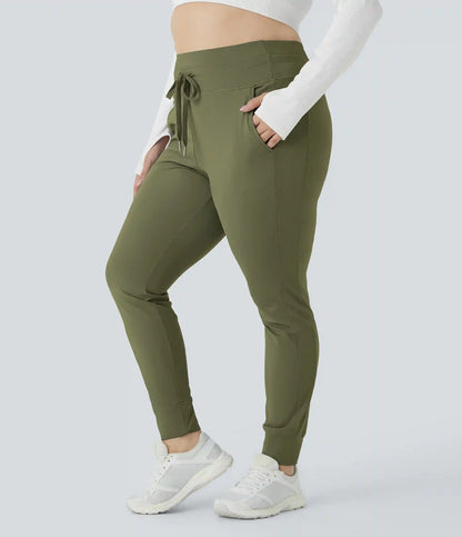 SoftlyZero™ Plush High Waisted Drawstring Pocket Plain Full Length Plus Size Joggers