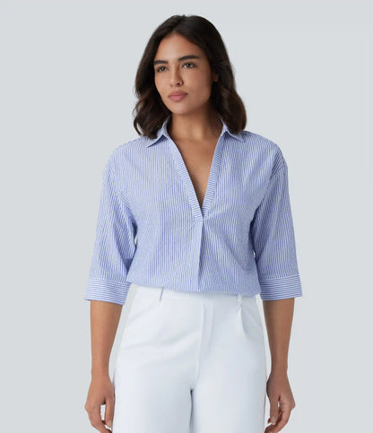 Half Sleeve Curved Hem Stripe Work Blouse