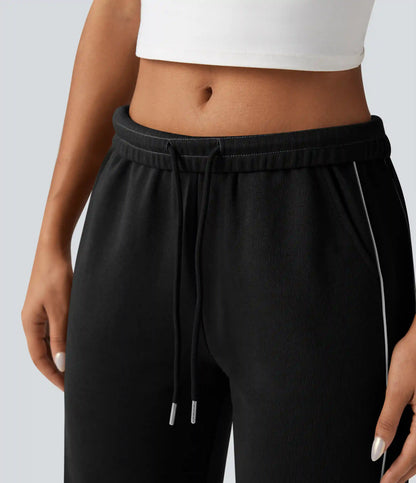 Mid Rise Drawstring Straight Leg Color Block Casual Cotton Pants with Pockets