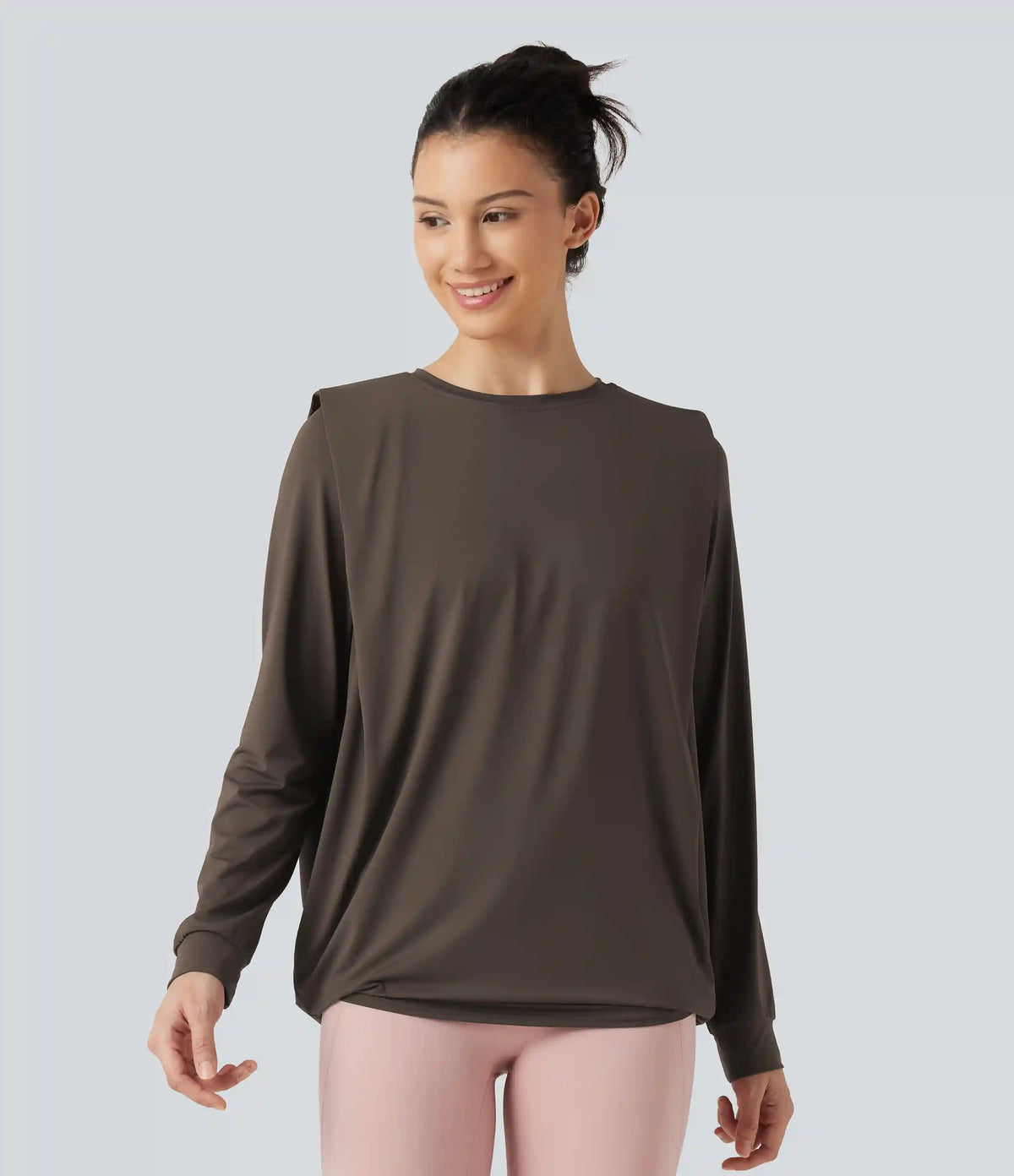 Round Neck Long Sleeve Ruched InstantCool Yoga Sports Top-Longer Length-UPF50+
