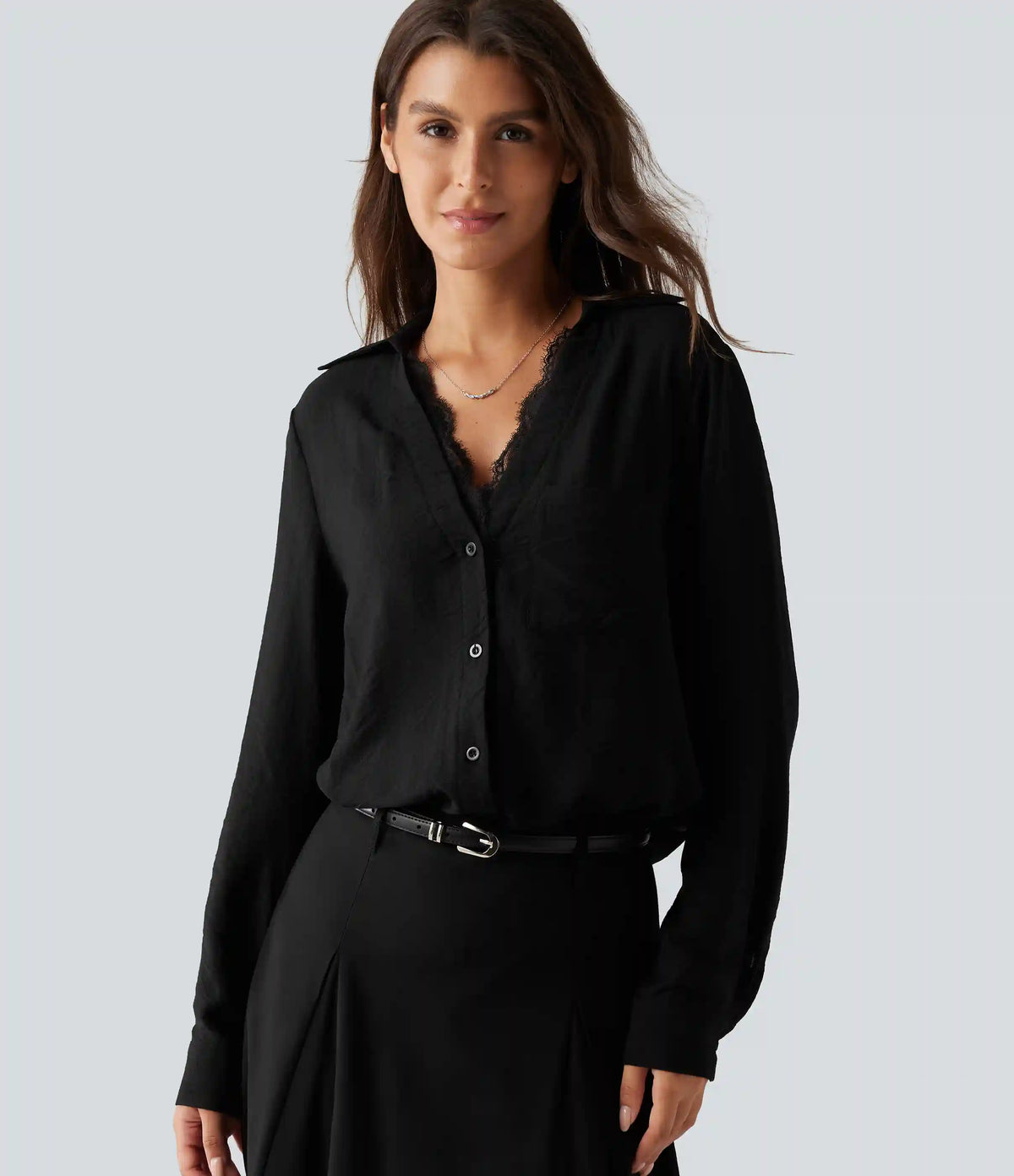 V Neck Contrast Lace Long Sleeve Work Shirt with Pocket