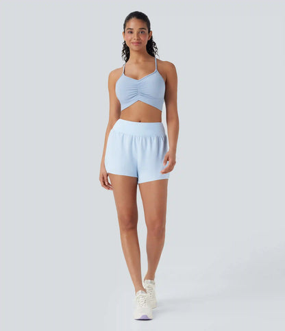 Mid Rise Contrast Mesh 2-in-1 Yoga Shorts with Pockets