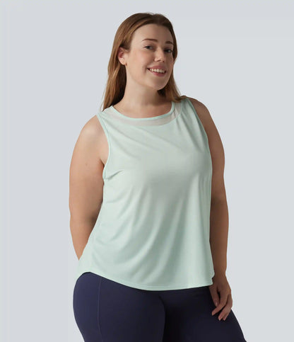 Plus Size Contrast Mesh Curved Hem Running Tank Top