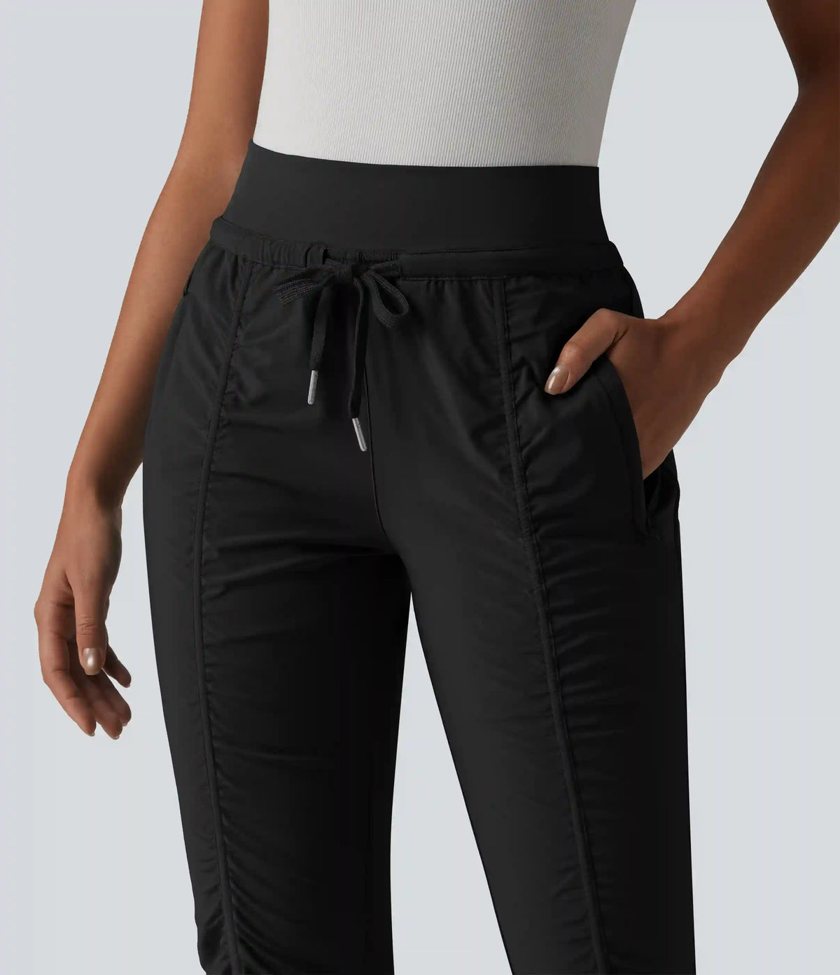 High Waisted Drawstring Tapered Travel Pedal Pushers Joggers with Zip Pockets