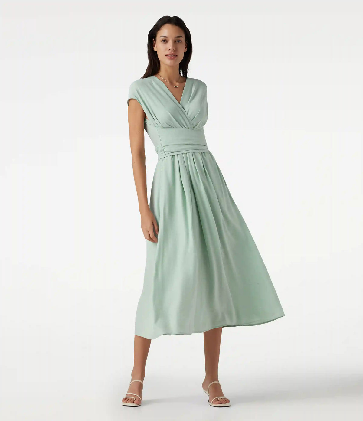 V Neck Short Sleeve Tie Back Midi Casual Linen-Blend Flowy Dress with Pockets