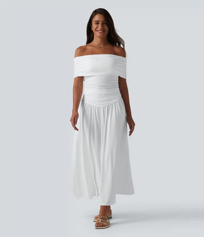 Off-shoulder Tummy Control Ruched Built-in Bra Maxi Flowy Casual Dress A-D Cups