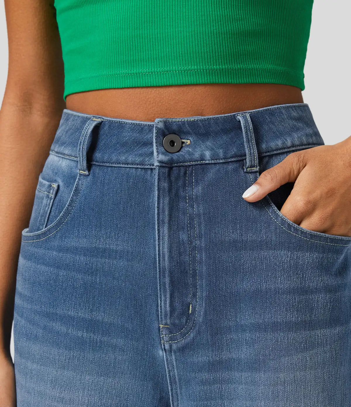 Halara Flex™ High Waisted Pockets Rolled Hem Wide Leg Washed Casual Jeans
