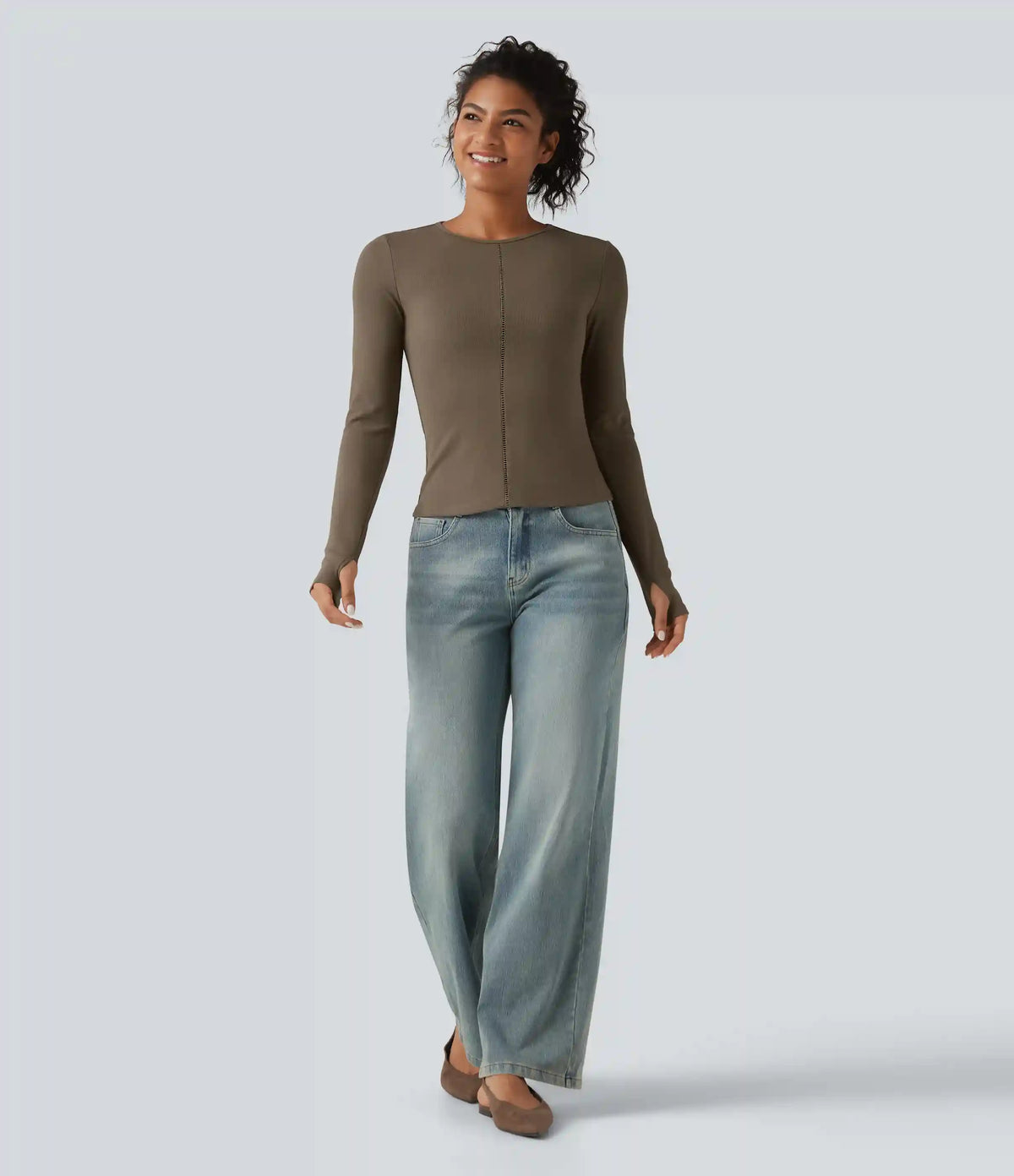 Ribbed Knit Round Neck Long Sleeve Thumb Holes Cut-out Casual T-Shirt