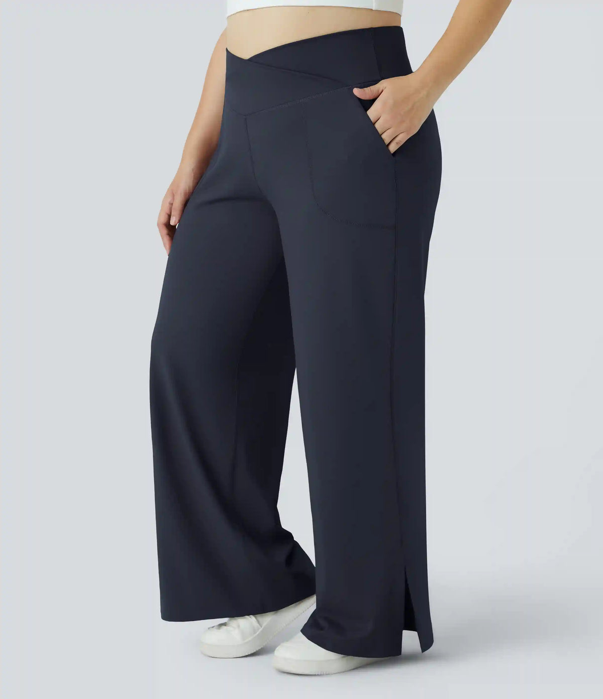 DayStretch Crossover Pocket Hem Plus Size Wide Leg Yoga Pants-Smile