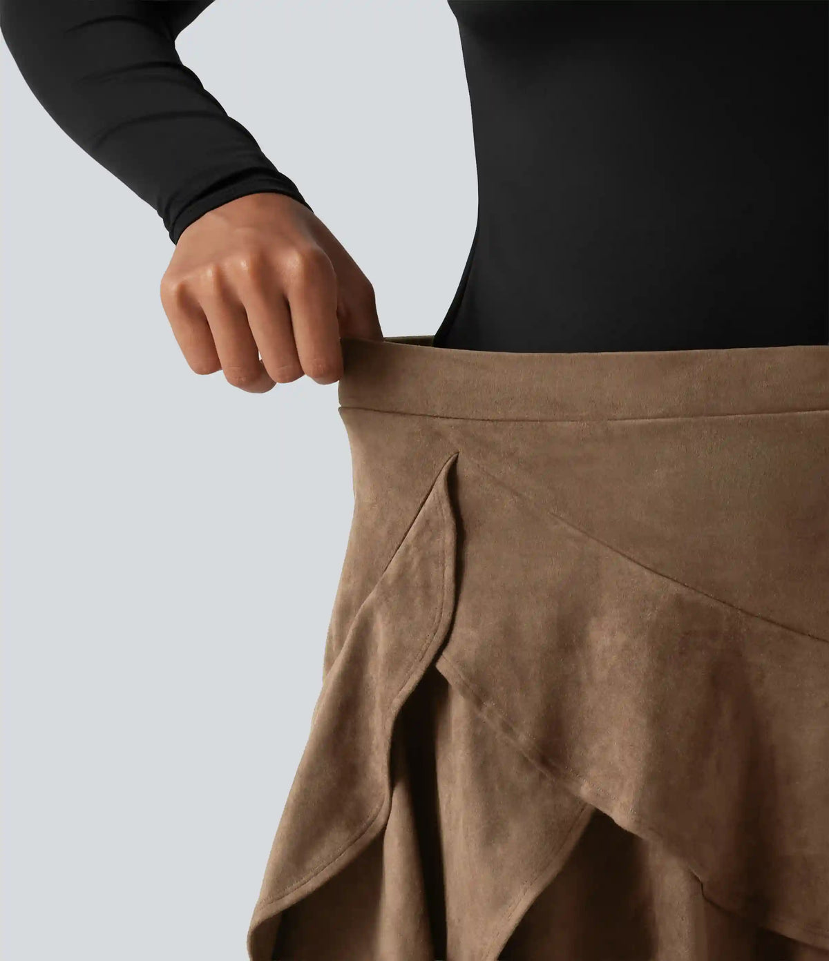 High Waisted Tiered Ruffle Hem 2-in-1 Longer Mini Suede Casual Skirt with Pocket