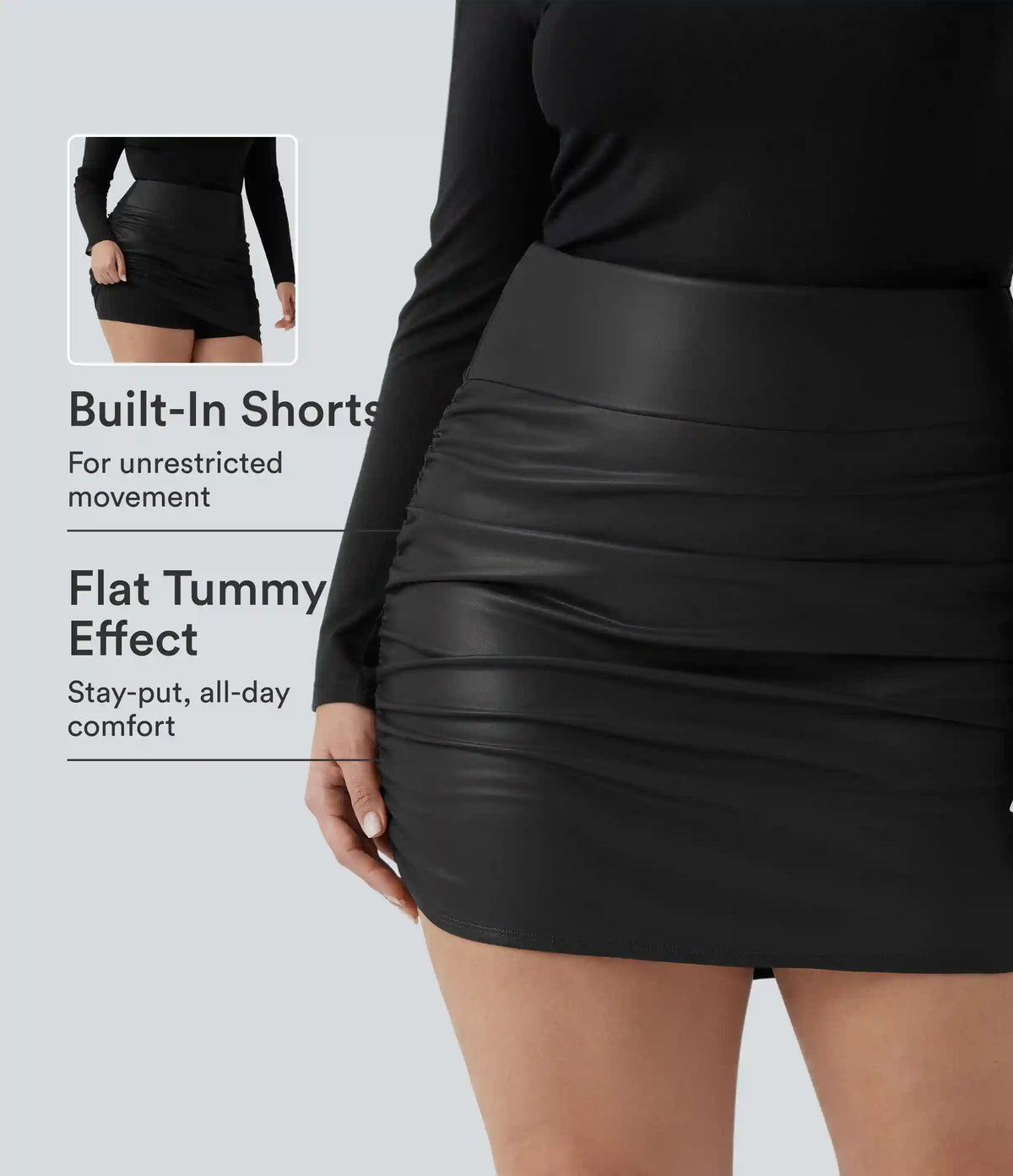High Waisted Tummy Control Ruched Curved Hem 2-in-1 Fleece PU Mini Bodycon Party Plus Size Skirt