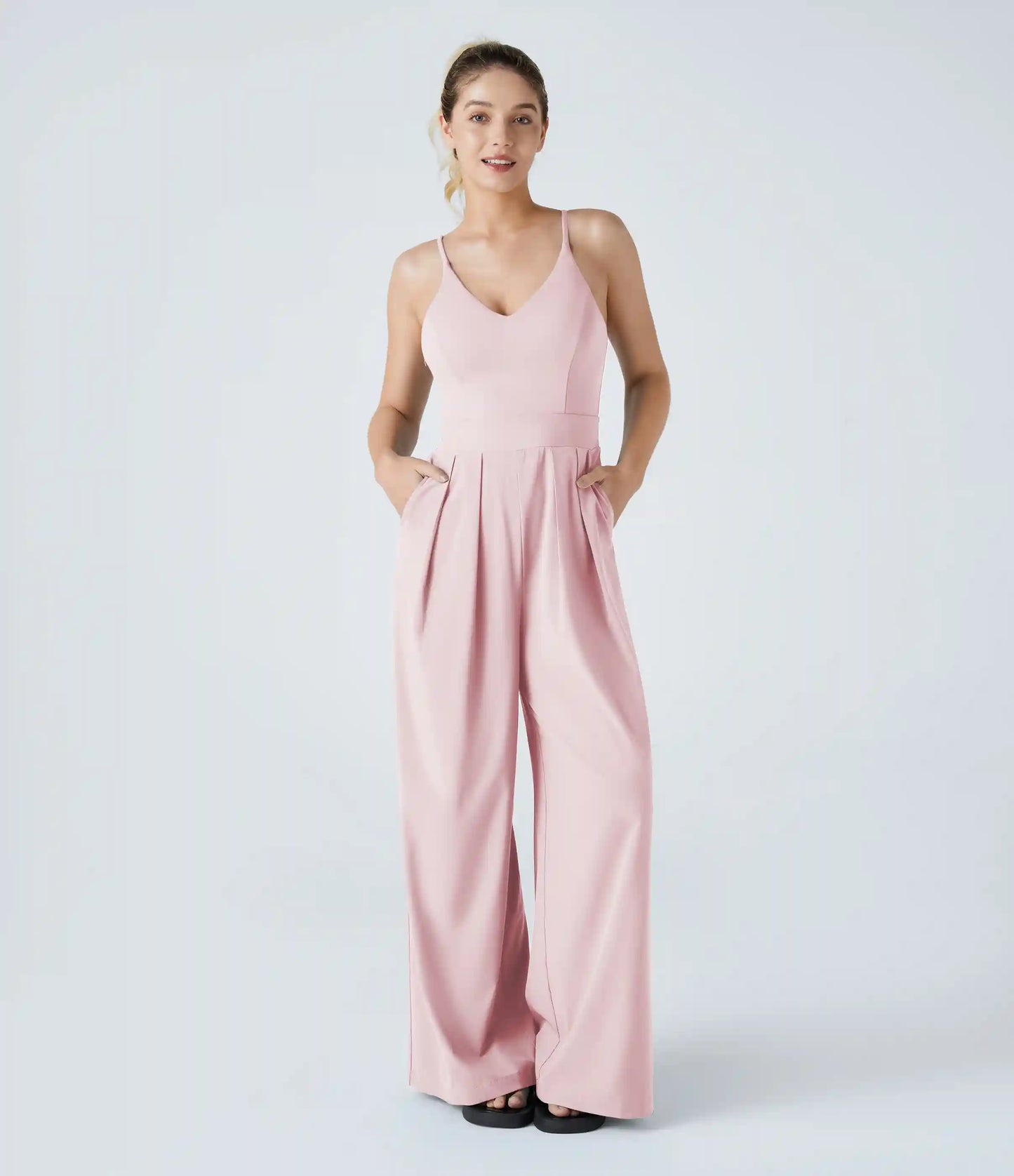 V-Neck Backless Invisible Zipper 2-in-1 Casual Slip Baggy Jumpsuit with Pockets