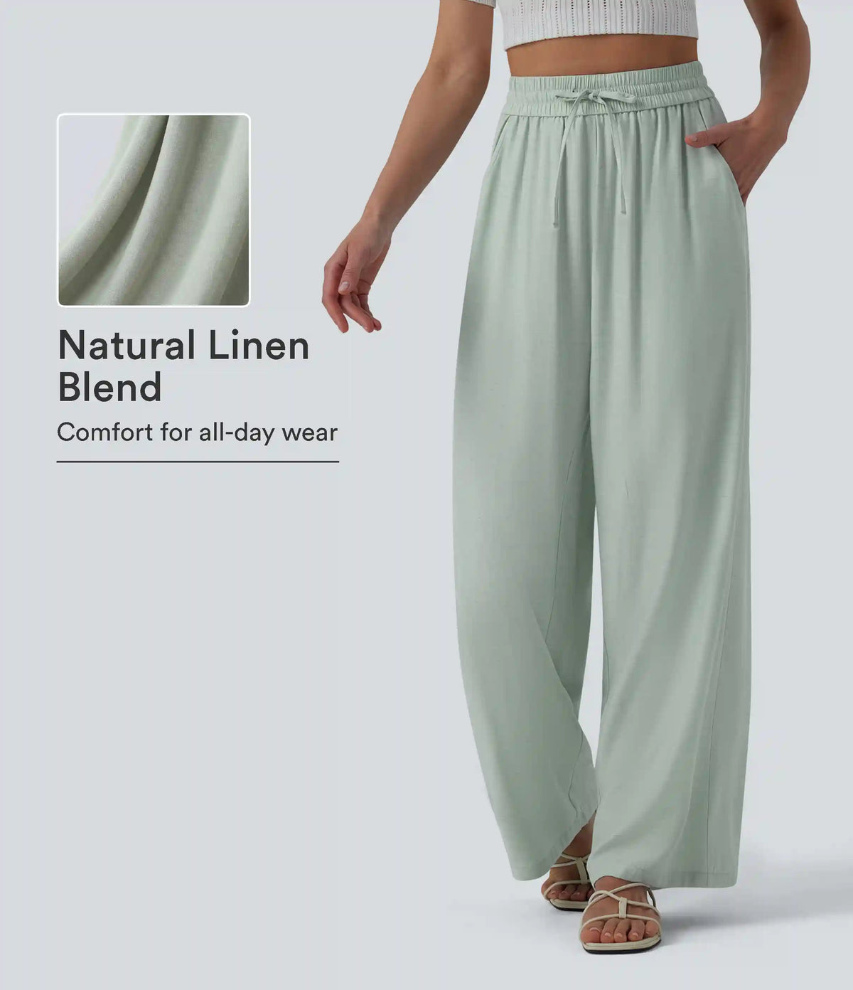 High Waisted Drawstring Wide Leg Casual Linen-Blend Pants with Pockets