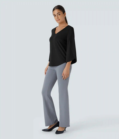 V Neck 3/4 Sleeve Curved Hem Work Top