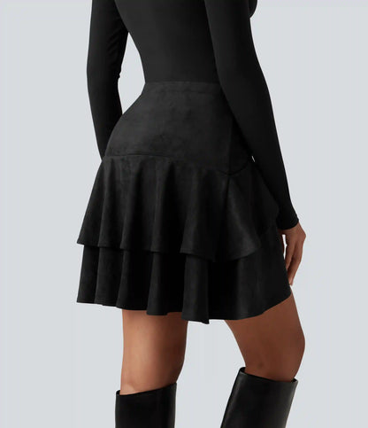High Waisted Tiered Ruffle Hem 2-in-1 Longer Mini Suede Casual Skirt with Pocket