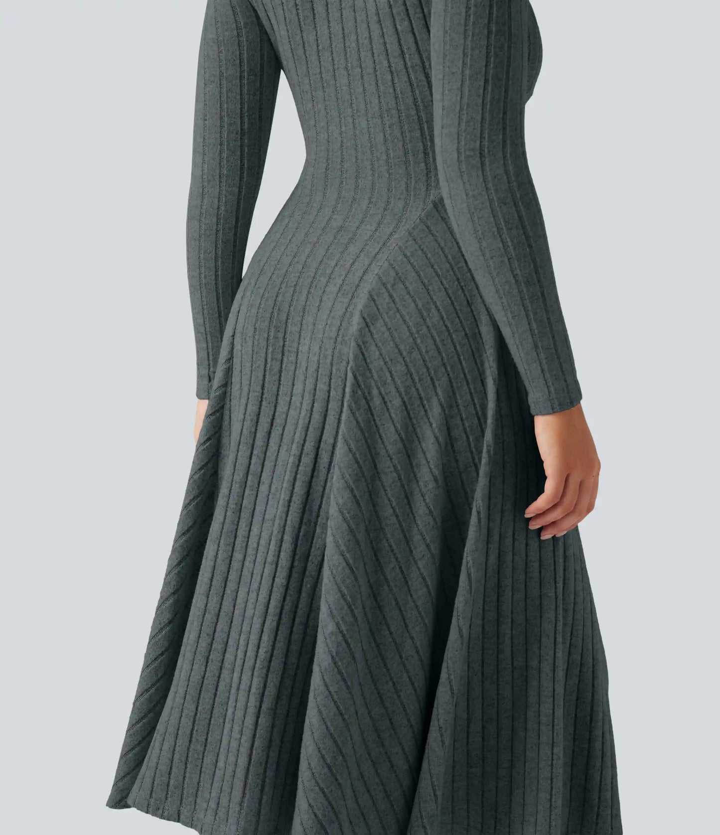 Ribbed Knit V Neck Long Sleeve Flare Midi Casual Dress