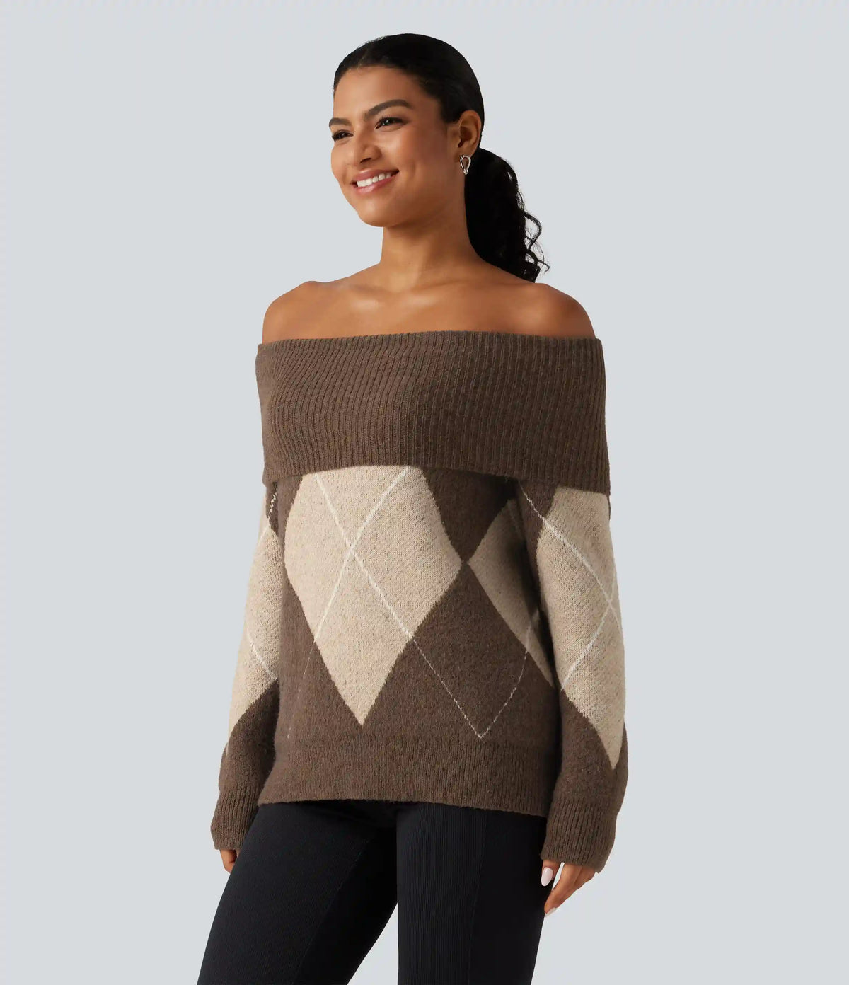 Off Shoulder Long Sleeve Gingham Casual Sweater