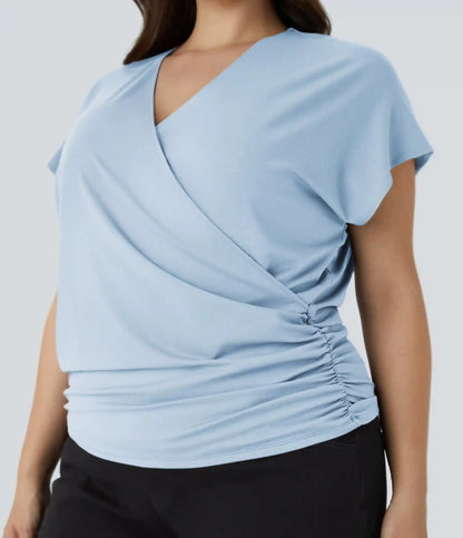 V Neck Cap Sleeve Crossover Ruched Solid Work Plus Size Blouse