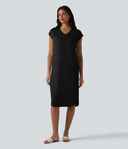 V-neck Short Sleeve Belted Curved Hem Casual T-Shirt Dress
