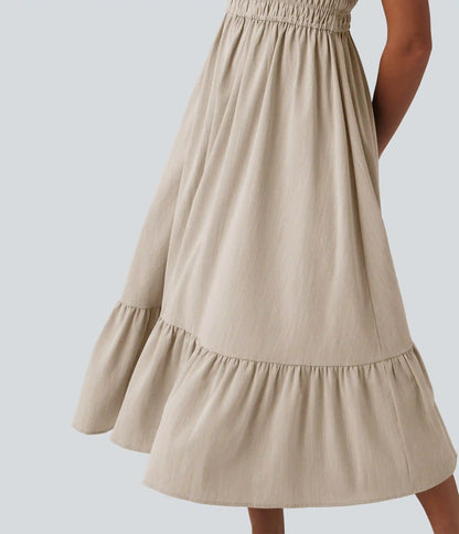 Tie Front Flowy Midi Casual Linen-Feel Slip Milkmaid Dress