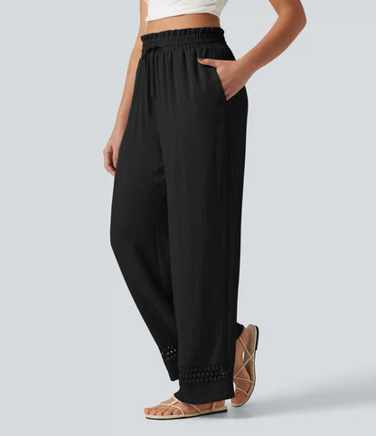 High Waisted Drawstring Casual Linen-Feel Pants with Pockets