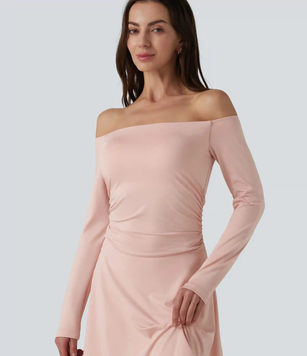 Off-shoulder Long Sleeve Ruched 2-in-1 Built-in Bra Casual Dress with Pocket-Easy Peezy