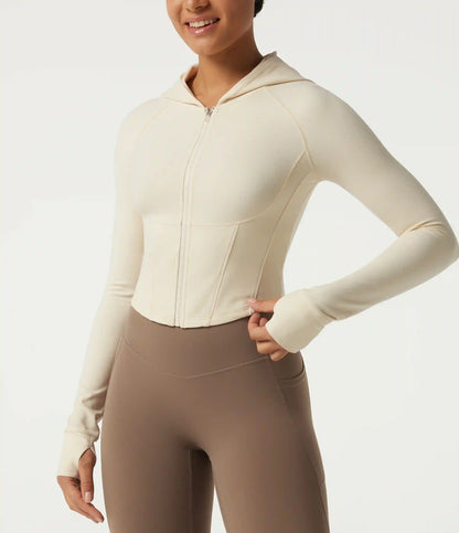 Hooded Long Sleeve Workout Jacket with Thumb Hole
