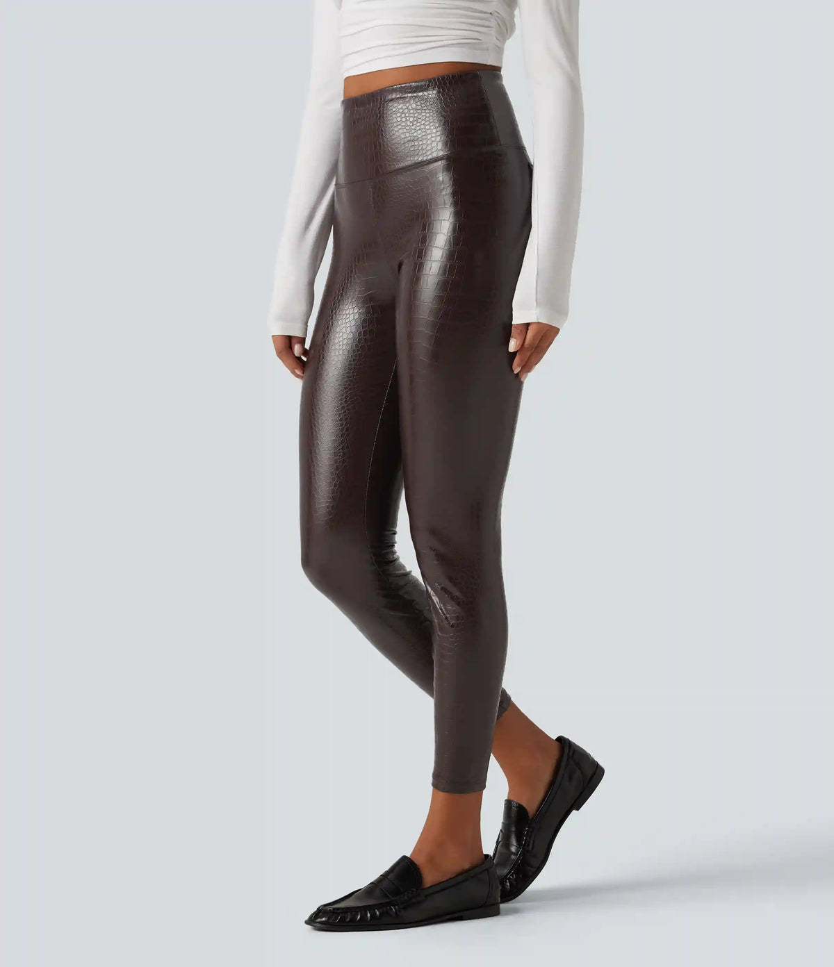 High Waisted Tummy Control Snakeskin Print Stretchy PU Fleece Skinny Casual Leggings with Pockets