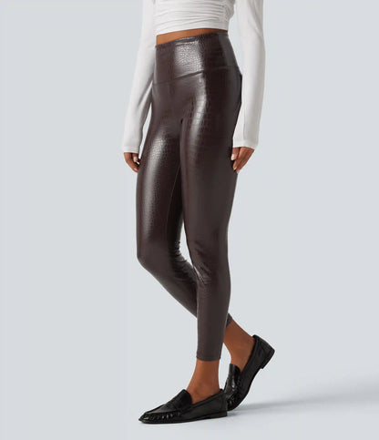 High Waisted Tummy Control Snakeskin Print Stretchy PU Fleece Skinny Casual Leggings with Pockets