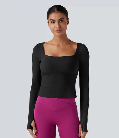 Ribbed Push-Up Square Neck Long Sleeve Thumb Holes Yoga Sports Top