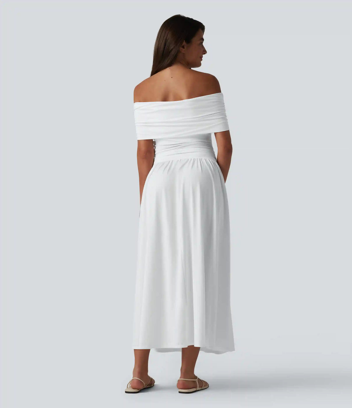 Off-shoulder Tummy Control Ruched Built-in Bra Maxi Flowy Casual Dress A-D Cups