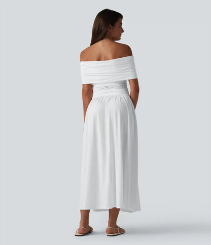Off-shoulder Tummy Control Ruched Built-in Bra Maxi Flowy Casual Dress A-D Cups