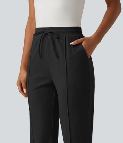High Waisted Drawstring Tapered Pintuck Work Pants with Pockets