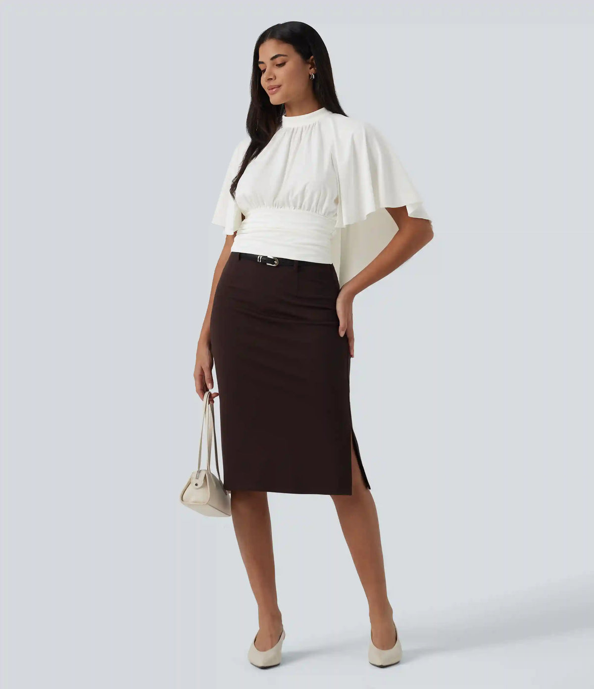 Mock Neck Batwing Short Sleeve Slim Ruched Work Blouse