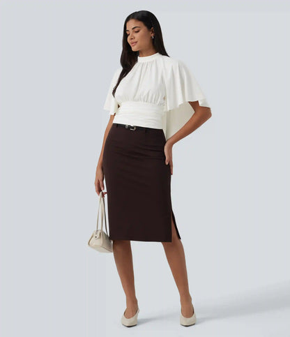 Mock Neck Batwing Short Sleeve Slim Ruched Work Blouse