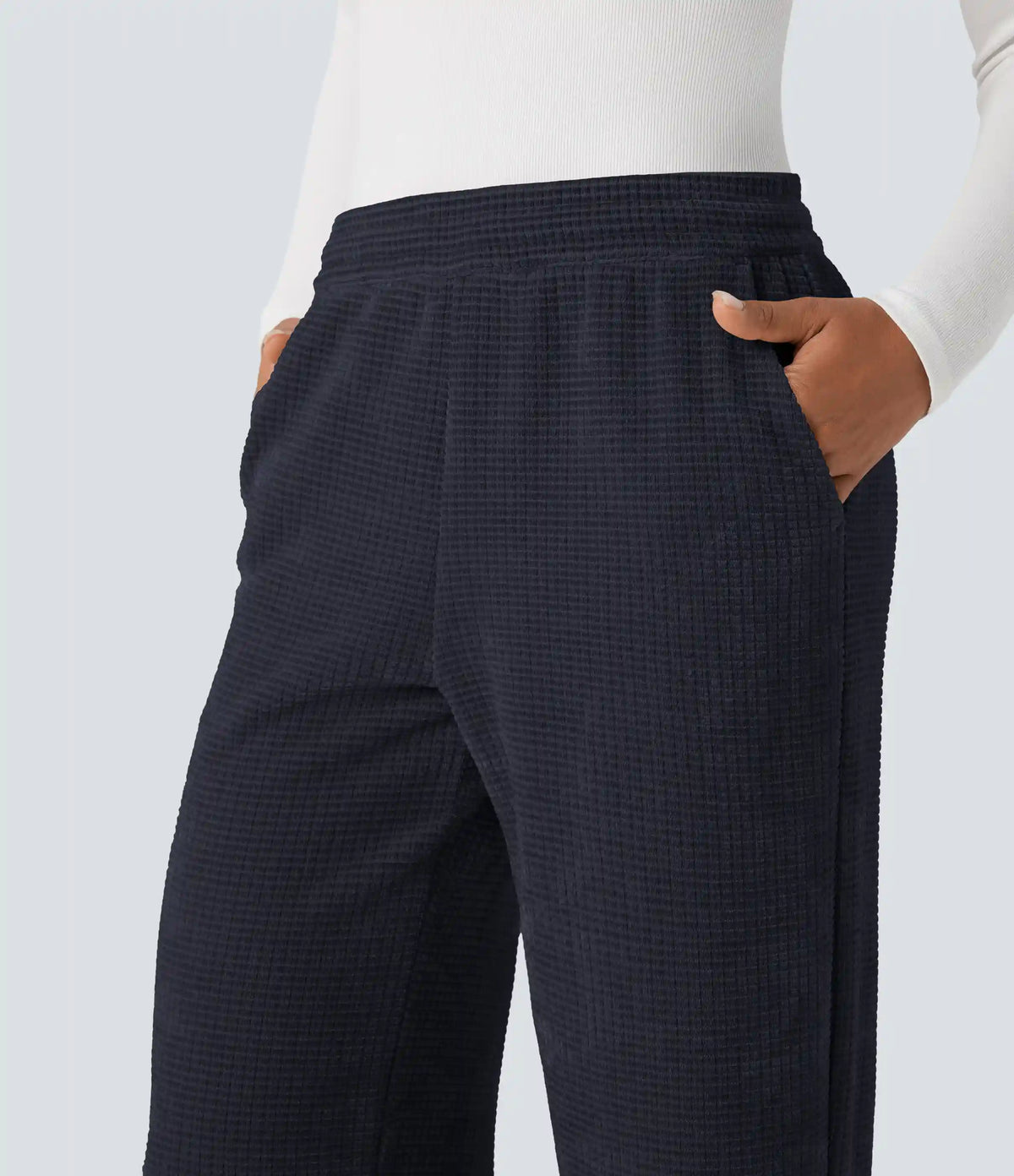 Mid Rise Chenille Waffle Casual Straight-leg Pants with Pockets