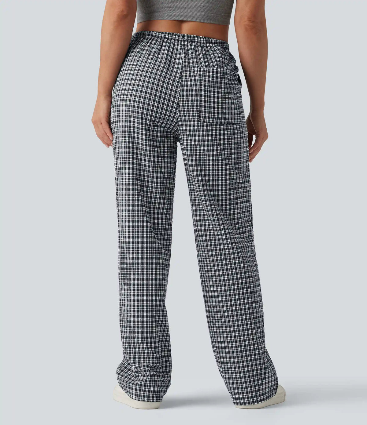 Mid Rise Drawstring Straight Leg Gingham Casual Pants with Pockets