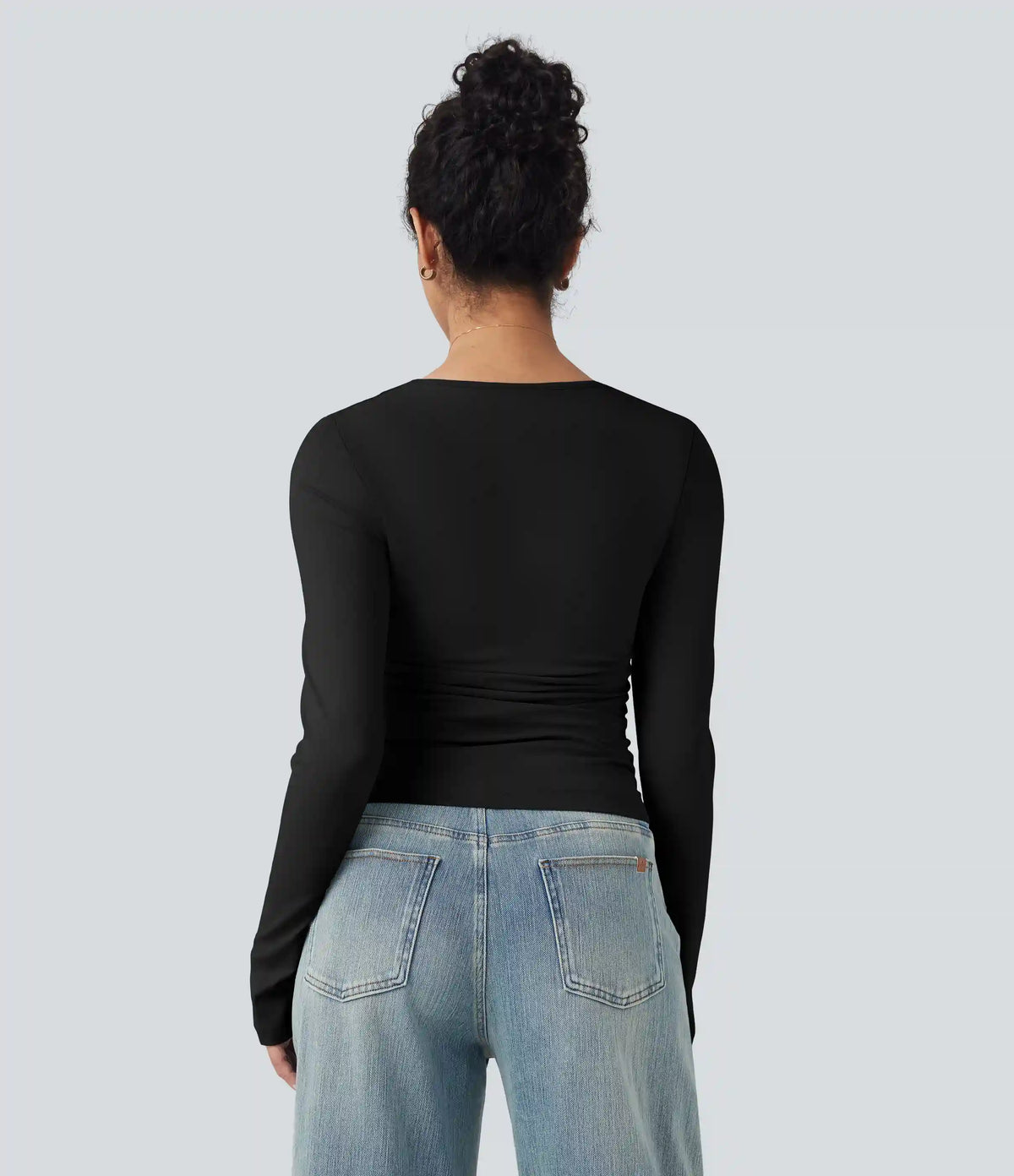 Square Neck Split Long Sleeve Ruched Slim Casual Top